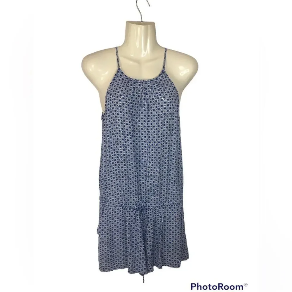 Gap Women’s Halter Romper Drawstring Pockets Blue White Geometric Sundress